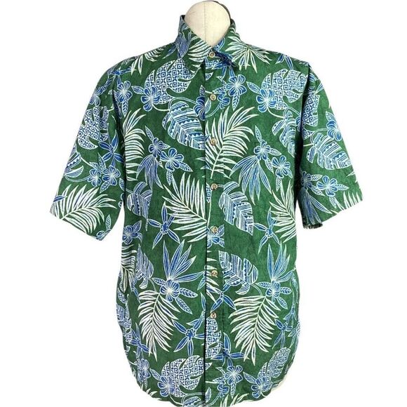 Cooke Street Hawaiian Shirt Men L Green Blue Palms Short Sleeve Tiki Tapas Camp - Picture 1 of 7